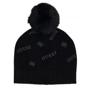 Детска черна зимна шапка с помпон и лога Guess