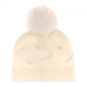 Детска кремава зимна шапка с помпон и лога Guess