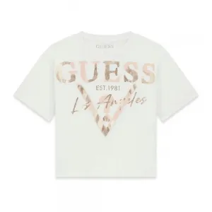 Бяла къса тениска за момиче с лъскав голям надпис и лого Guess