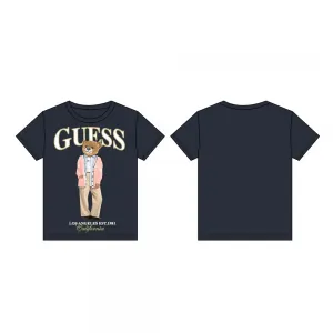 Тъмносиня тениска за момиче с цветно мече и бял надпис Guess
