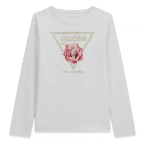 Стилна бяла детска блуза Guess с дълъг ръкав и романтичен акцент
