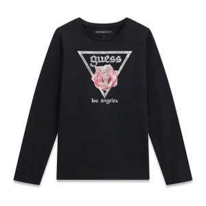 Ефектна черна детска блуза Guess с дълъг ръкав и флорален принт