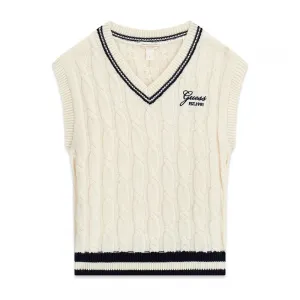 Детски плетен елек Guess Cable-Knit – Екрю и тъмносин кант