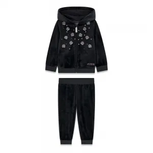 Детски черен кадифен спортен комплект с рози и кристали Guess