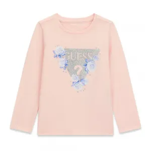 Детска памучна блуза Guess с бляскаво триъгълно лого и сини рози в пастелно розов цвят
