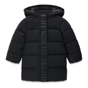 Детско дълго зимно яке Guess с качулка и брандиран кант в класически черен цвят