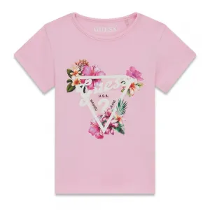 Розова тениска за мини момиче с бяло лого Guess и цветя