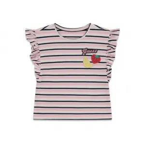 Раирана тениска в розово, бяло и черно за мини момиче с къдрички Guess