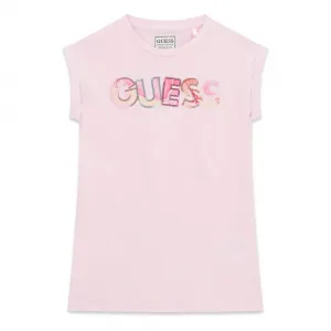 Памучна розова рокля за мини момиче с надпис Guess с пайети