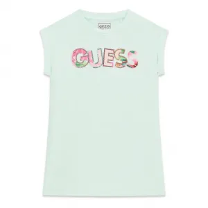 Памучна ментова рокля за мини момиче с надпис Guess с пайети