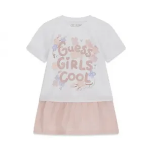 Памучна рокля в бяло и розово за мини момиче с надписи Guess с глитери