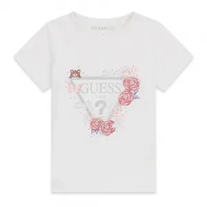 Очарователна детска тениска Guess с бляскаво лого, мече и рози