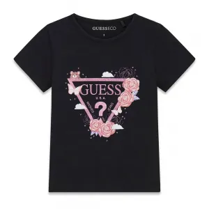 Модерна черна детска тениска Guess с блестящо лого, рози и сладко мече