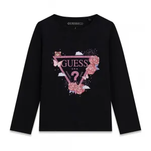 Детска блуза Guess в черно с дълъг ръкав и флорално лого