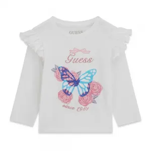 Нежна детска блуза Guess с дълъг ръкав, къдрици и пеперуда