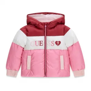 Многоцветно яке с качулка за мини момиче с бродиран цветен надпис Guess