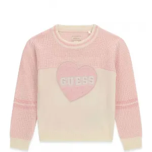 Пуловер в мръсно бяло и розово за мини момиче със сърце Guess