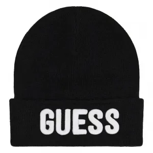 Детска плетена шапка Guess в черен цвят с голямо бяло лого отпред