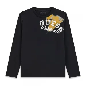 Детска блуза с дълъг ръкав Guess California – черна с ефектна горчица щампа