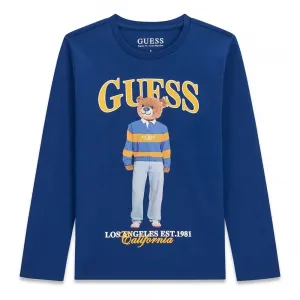 Детска памучна блуза с дълъг ръкав Guess Bear – кралско синя с мече