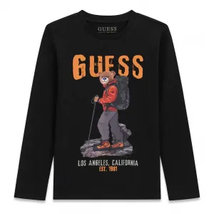Детска памучна блуза с дълъг ръкав Guess Bear – черна с мече планинар