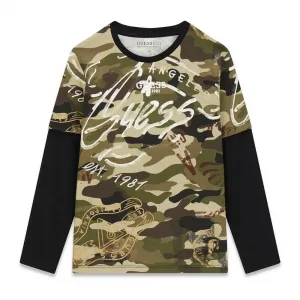Детска блуза 2-в-1 Guess Camo – камуфлажен принт с черни ръкави