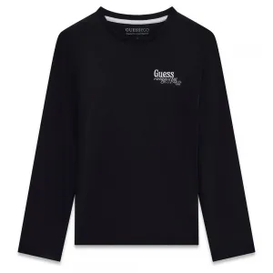 Детска памучна блуза с дълъг ръкав Guess Eco – класическа черна с малко лого