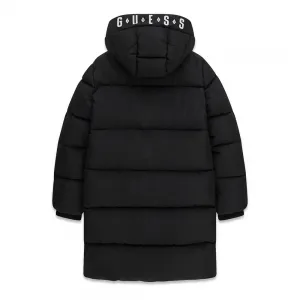 Детско дълго зимно яке GUESS с качулка и контрастна червена подплата в черен цвят(Top Model)
