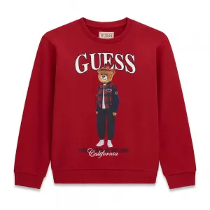 Детска памучна блуза Guess Bear – наситено червена с мече