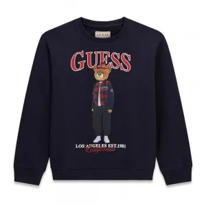Детска памучна блуза Guess Bear – тъмносиня с мече