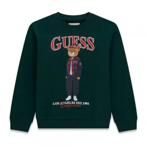 Детска памучна блуза Guess Bear – тъмнозелена с мече