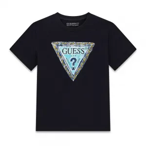 Тъмно синя тениска със синьо-жълто лого Guess за момче