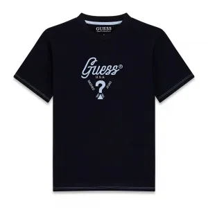 Тъмно синя тениска за момче с бродиран син надпис Guess