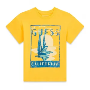 Жълта тениска за момче със синя щампа и надпис Guess