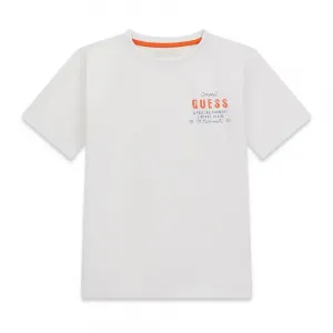 Бяла тениска за момче с малък оранжев надпис Guess