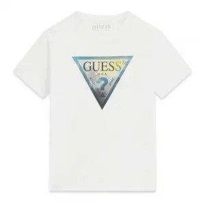 Тениска в бял цвят за момче с триъгълна холограма Guess