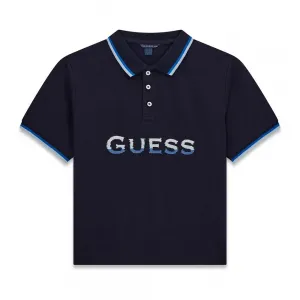 Oversize тъмносиня тениска с яка за момче с трицветен надпис Guess