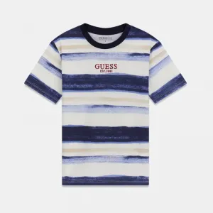 Oversize Тениска райета в сини нюанси за момче и надпис Guess