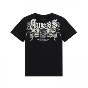 Черна тениска за момче с бяла щампа и надпис Guess