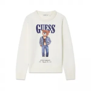 Пуловер в мръснобял цвят за момче с цветно мече Guess