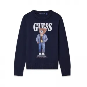 Пуловер в тъмносин цвят за момче с цветно мече Guess