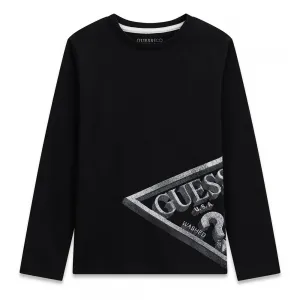 Детска блуза Guess в черно с дълъг ръкав и асиметрично лого