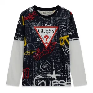 Черна блуза за момче с многоцветни графики и червено лого Guess