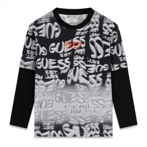 Oversize блуза за момче в черно със сиви графити Guess