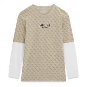 Oversize блуза за момче в бежово с бели ръкави и лога Guess