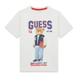 Бяла тениска за момче с цветно мече и син надпис Guess