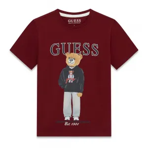 Тениска в цвят бордо за момче с цветно мече и тъмносин надпис Guess