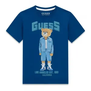 Синя тениска за момче с цветно мече и син надпис Guess