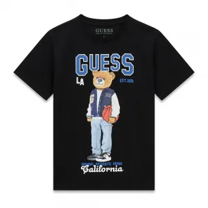 Черна тениска за момче с цветно мече и син надпис Guess