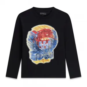 Oversize блуза в черен цвят за момче с голяма цветна щампа Guess